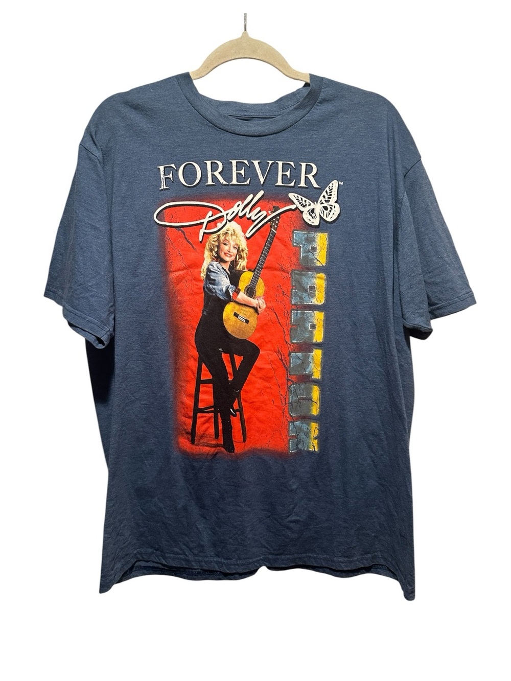 Forever Dolly Graphic Band Tee - Blue with Red/Yellow Print Size 2X